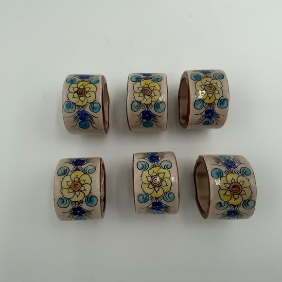 Set of 6 Vintage Signed Tonala Mexico Ceramic Napkin Rings Floral Hand Painted - Picture 9 of 10